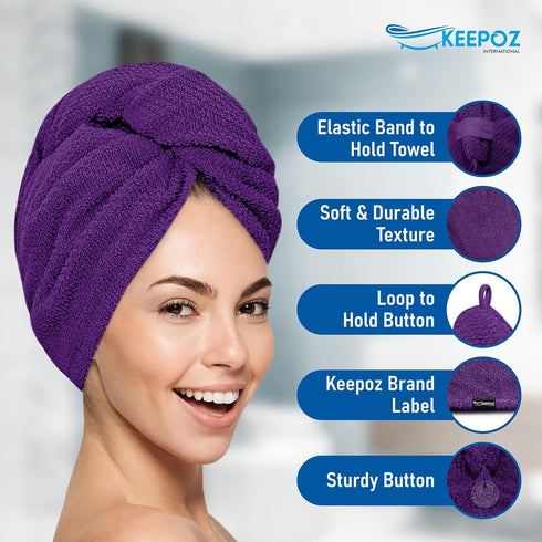 KEEPOZ Hair Towel Wrap - Quick Dry 100% Cotton Super Absorbent Turban Head Wrap for Women (Purple Check, 2 Pcs)