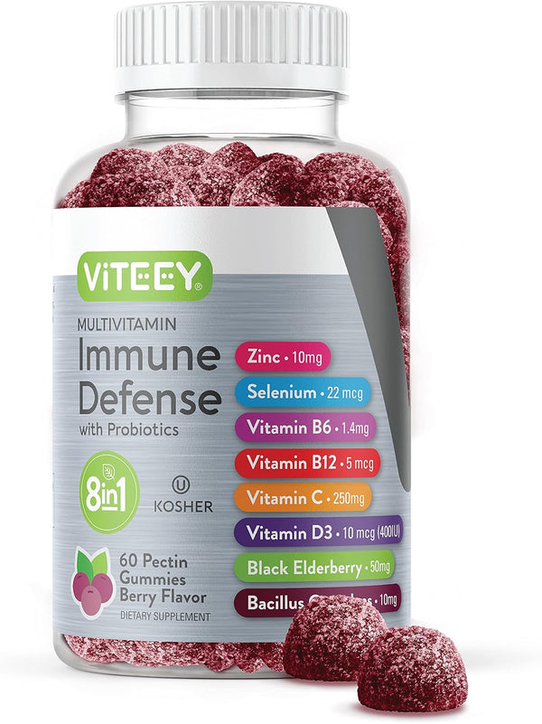 8 in 1 Multivitamin Gummies for Immune Support with Probiotics - Vegetarian, Gelatin Free, Chewable Berry Flavor - 60