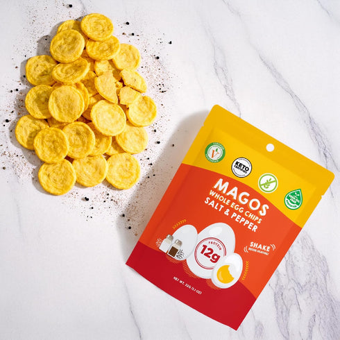 Pack 1.1 oz (12-Pack) Magos Egg Chips Variety Healthy Snack, High Protein Low Carb, Light Cracker-Style Crunch, Bags