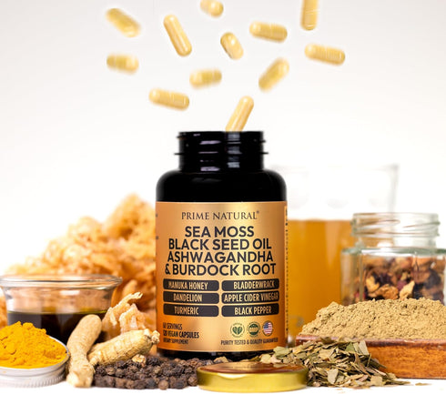 120 Capsules Sea Moss 3000mg, Black Seed Oil 2000mg, Ashwagandha 1000mg, Turmeric 1000mg, Vegan
