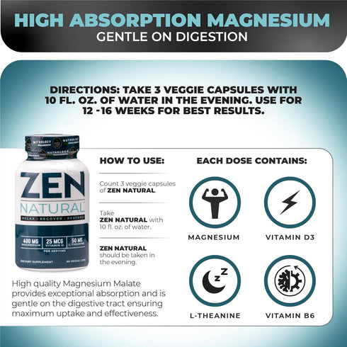 Nutrology Zen Natural Magnesium Supplement 400mg Magnesium Malate with Vitamin D3 & L-Theanine, 30 Servings