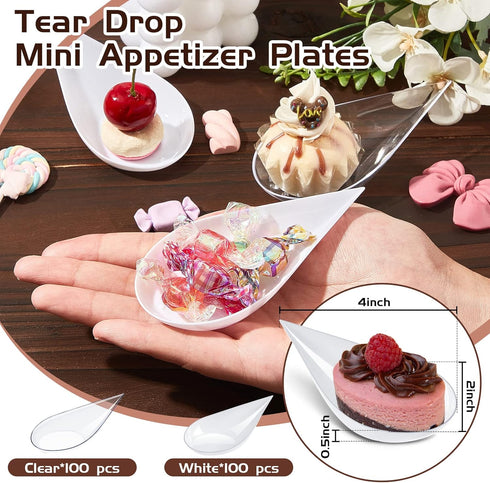 Tessco 200 Pcs 4" Tear Drop Appetizer Spoons Mini Appetizer Plates Reusable Spoons Tasting Spoons Plates Catering Supplies Disposable for Serving Small Desserts Cakes Bowls (White, Clear)