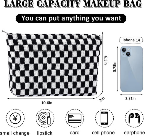 Checkered Makeup Bag for Women, Large Capacity Black Travel Cosmetic Bag Set, Cute Y2K Aesthetic Makeup Organizer