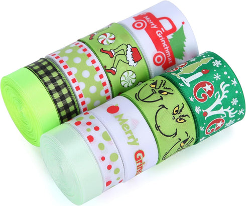 Red Green Ribbon 10 Rolls Total 50 Yards Christmas Craft Satin Ribbon Funny Cartoon Character Gift Wrapping Ribbon Decorative Ribbon for Xmas Tree Wreath Bows DIY Craft Decoration (Christmas) by Meseey