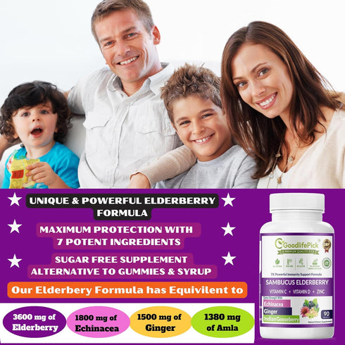 7 in 1 Elderberry with ZINC, Vitamin C, D, Echinacea, Ginger & Amla, Premium Capsules 90 ct, Non-GMO