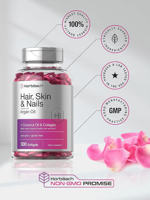 Horbaach Hair Skin and Nails Vitamins, 300 Softgels with Biotin and Collagen, Non-GMO & Gluten Free