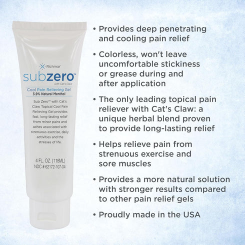 Cooling Pain Relief Gel, 4oz Tube, Sub Zero for Joint and Nerve Pain
