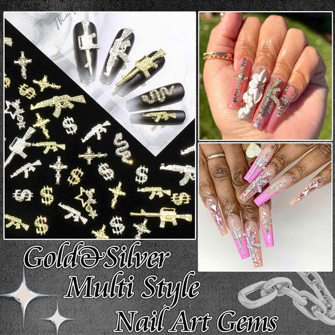 RODAKY 50PCS 3D Cross Gun Nail Charms, Gold Dollar Sign Nail Art Jewelry, Multi Style Nail Gems for Manicure