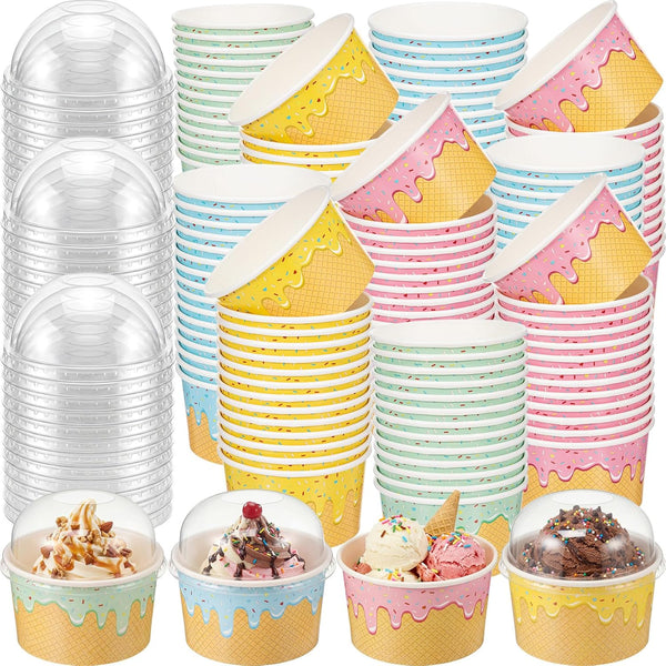 Jingmore 100 Count Paper Ice Cream Cups with Clear Dome Lids Disposable Dessert