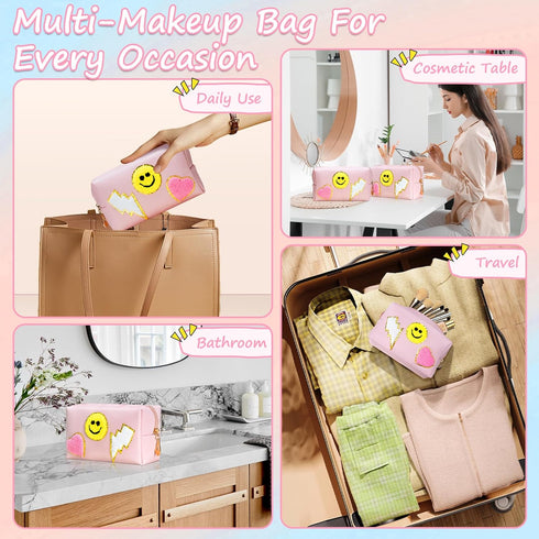 WECOOL Preppy Makeup Bag, Waterproof PU Leather Smiley Face Patch, Portable Cute Toiletry Bag with Zipper for Women