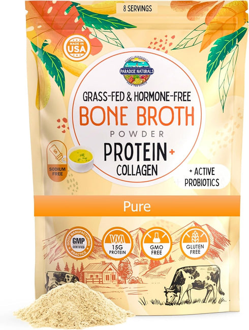 100% Grass-Fed Organic Beef Bone Broth Protein Powder, 15g Protein, Collagen Peptide Rich, Non-GMO, Low Sodium