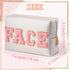 Y1tvei Preppy Patch FACE Letter Cosmetic Toiletry Bag PU Leather Portable Makeup Bag Sewn with Chenille Varsity Letter Patches Waterproof Zipper Pouch Travel Organizer for Women Girls Teen(Shell Gold)