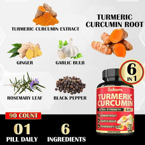 6in1 Turmeric Curcumin Supplement, 3 Month Supply with 95% Curcuminoids, Ginger Root, Garlic Bulb, Rosemary & Black