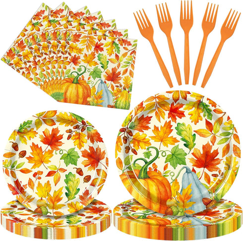Temicle 96 Pieces Fall Thanksgiving Tableware Set Pumpkin and Autumn Leaves Disposable Plates,