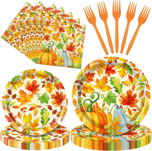 Temicle 96 Pieces Fall Thanksgiving Tableware Set Pumpkin and Autumn Leaves Disposable Plates,