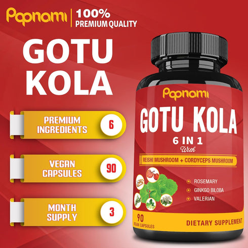 Organic Gotu Kola Extract Capsules - 90 Counts with Reishi, Cordyceps, Rosemary, Ginkgo Biloba & Valerian Root