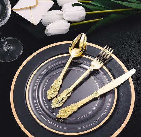 N9R 120 Pcs Gold Plastic Silverware Set, 40 Forks, 40 Spoons, 40 Knives, Disposable Gold Cutlery for Weddings and