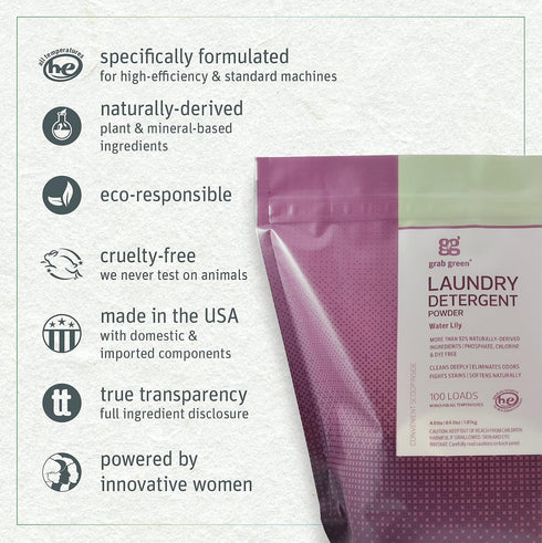 Grab Green Natural 3-in-1 Laundry Detergent Powder, Water Lily, 100 Loads