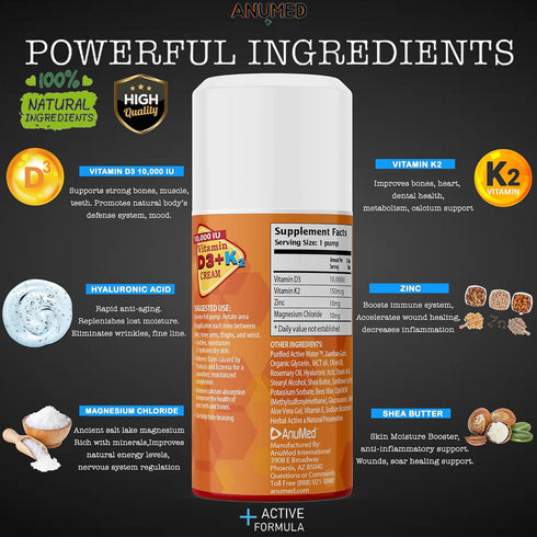 ANUMED Vitamin D3 with K2 10,000 IU Cream + Magnesium + Hyaluronic Acid + Vitamin E - Promotes Stronger Bones, Travel