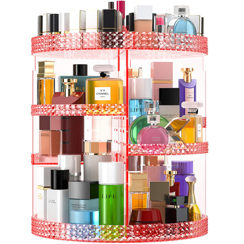 Pink 360 Makeup Organizer Carousel, Large 7 Layers Acrylic Make Up Organizer for Vanity, Fits Makeup Brushes,