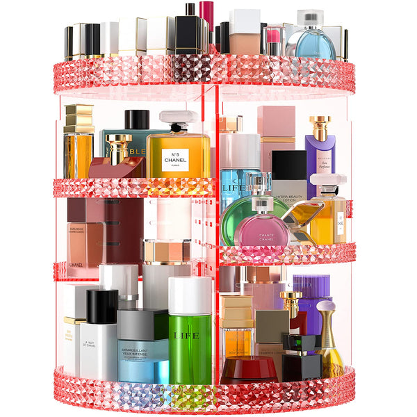 Pink 360 Makeup Organizer Carousel, Large 7 Layers Acrylic Make Up Organizer for Vanity, Fits Makeup Brushes,