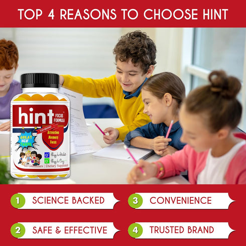 Hint Brain Memory Supplements for Kids & Teens, Omega 3 Vitamins, Low Sugar 60 Gummies for Focus & Eye Support