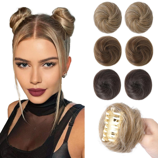 REECHO Space Bun Hair Pieces, 2 PCS Mini Claw Clip in Messy & Cat Ears Hair Bun Extensions for Women, Dark Blonde