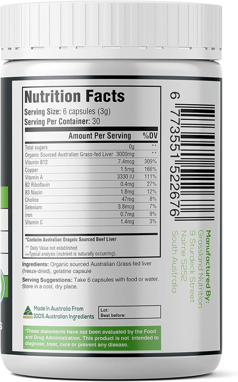 Grass Fed Beef Liver 100% Organic Sourced - Natural B12 for Energy, Iron & Vitamin A - 180 Capsules