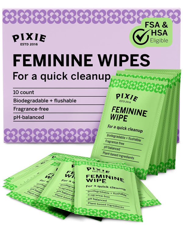 Pixie Feminine Wipes - Flushable, Biodegradable, & Ph Balanced - Individually Wrapped