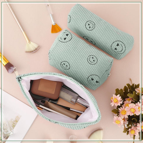 3 Pcs Makeup Bag Corduroy Set - Cute Preppy Cosmetic Bags for Women, Smile Small Pouch (Green, Smile Face)
