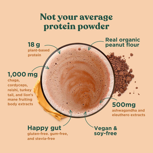 Four Sigmatic Organic Plant-Based Protein Powder, Peanut Butter Flavor, Clean Vegan Protein, 21.16 oz