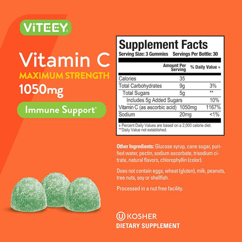 Vitamin C Gummies for Adults & Teens | 90 Count | 1050mg Maximum Strength | Immune Support, Vegan, Gelatin Free, Sour