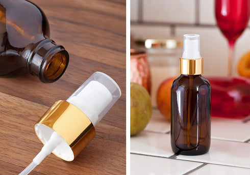 JUVITUS 4 oz Amber Glass Boston Round Bottle Set with Gold Metal Lotion Pump and Fine Mist Sprayer