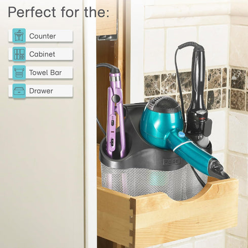 Polder Style Station for Hair Styling Tools, Black and Silver, Organizes Dryers, Irons, Brushes