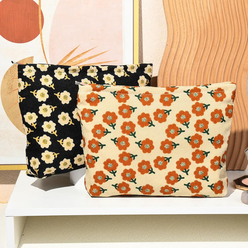 2 Pieces Large Corduroy Makeup Bag, Orange Black Flower Cosmetic Bag, Cute Aesthetic Travel Toiletry Organizer for Women
