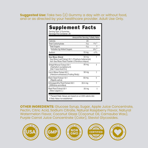 Gummies Immunity (60 Gummies) Shilajit with Sea Moss, Ashwagandha & Lions Mane - (Shilajit Supplement for Men & Women