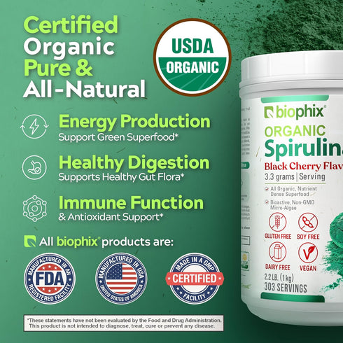 biophix Organic Spirulina Powder 2.2 lb Black Cherry Flavor - Nutrient-Dense Superfood, Protein-Rich & Powerful