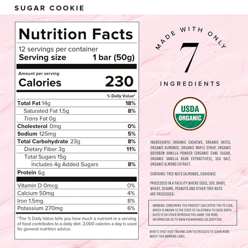 Truvani Plant Based Snack Bar | Sugar Cookie 12 Pack | 6g Protein | USDA Organic and Vegan
