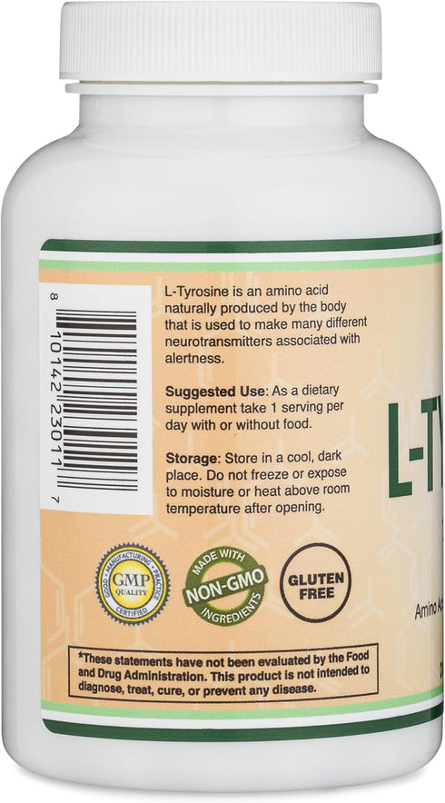L-Tyrosine 1,000mg per Serving, 120 Veggie Capsules (Amino Acid Supplement for Memory, Attention, Focus) by Double Wood