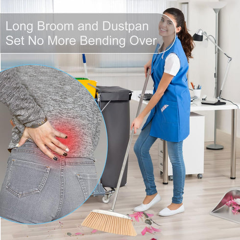 Stainless Steel Broom and Dustpan Set for Home, Heavy Duty Long Handle Dustpan Broom Set for Indoor Outdoor Kitchen Use