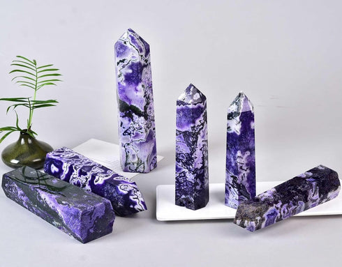 AMOYSTONE Purple Moss Agate Stone Tower - Obelisk Healing Crystal Rock Point Wand, Reiki Healing Gifts, 1.1-1.7 LBS