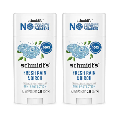 Schmidt's Aluminum-Free Vegan Deodorant Fresh Rain & Birch, 2 Count, 24 Hour Odor Protection, 2.65 oz, Natural