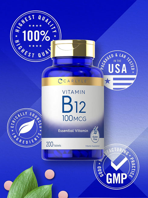 Carlyle Vitamin B12 100mcg, 200 Tablets, Essential Vitamin Supplement, Vegan & Gluten Free
