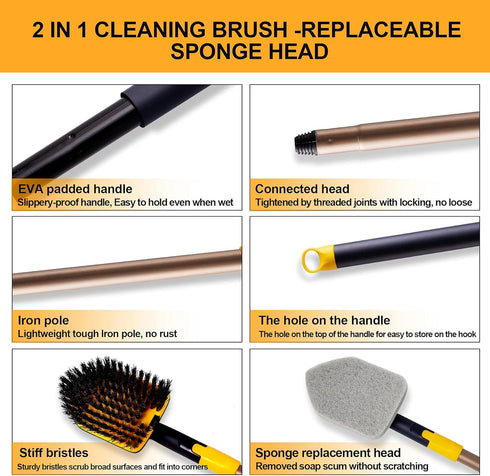 Yocada 2 in 1 Tub Tile Scrubber Brush with 58.2" Adjustable Pole, Stiff Bristles for Bathroom Cleaning