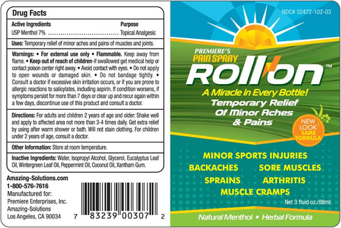 Premiere's Pain Spray - All-Natural Menthol & Peppermint Roller for Joint and Muscle Pain, 3 Pack