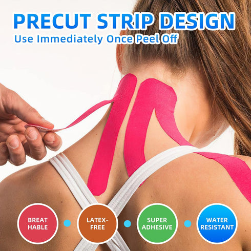 Kinesiology Tape Precut Strips - 4 Rolls Precut Muscle Support & Pain Relief Sport Tape, Waterproof & Breathable