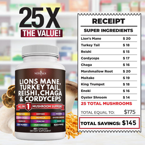 NEW AGE Lions Mane 3000mg 20in1 Mushroom Supplement - Turkey Tail 2000mg, Reishi 1000mg, 120 Count