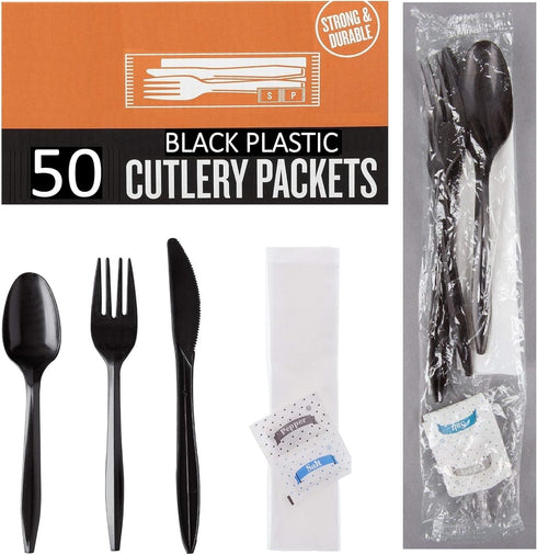 50 Plastic Cutlery Packets, Knife Fork Spoon Napkin Salt Pepper Sets, Individually Wrapped Black Plastic Silverware