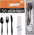 50 Plastic Cutlery Packets, Knife Fork Spoon Napkin Salt Pepper Sets, Individually Wrapped Black Plastic Silverware