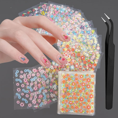 WOKOTO 50Pcs Self-Adhesive 3D Flower Nail Stickers, Floral Nail Decals for Women, Girls, Kids Nail Art with Tweezers